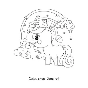 Desenho para colorir de unicórnio kawaii com olhos grandes ao lado de um arco-íris