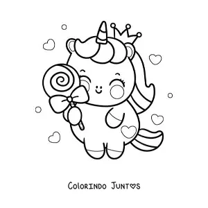 Desenho para colorir de unicórnio kawaii com um doce e corações