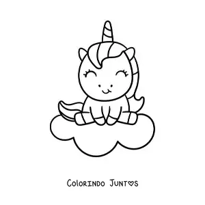 Desenho para colorir de unicórnio kawaii sentado em uma nuvem