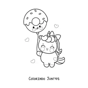 Desenho para colorir de unicórnio kawaii com um balão de rosquinha