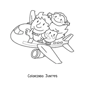 Desenho para colorir de uma família viajando de avião