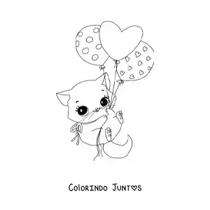 Desenho para colorir de gato kawaii com balões de coração