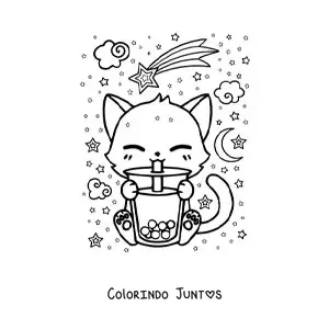 Desenho para colorir de gato kawaii tomando chá de boba