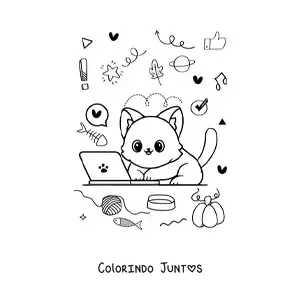 Desenho para colorir de gato kawaii em um laptop