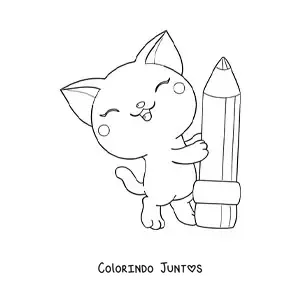 Desenho para colorir de gato kawaii com um lápis escolar