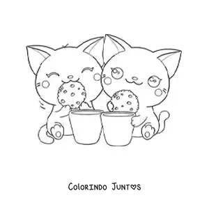 Desenho para colorir de casal de gatos kawaii comendo biscoitos com leite