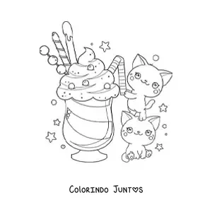 Desenho para colorir de casal de gatos kawaii tomando um sorvete