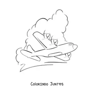Desenho para colorir de um avião voando com nuvens ao fundo