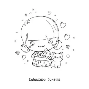 Desenho para colorir de menina japonesa chibi com um gato kawaii