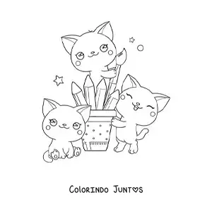 Desenho para colorir de gatos kawaii com pincéis e materiais de desenho