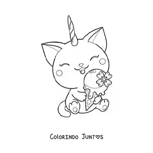 Desenho para colorir de gaticórnio kawaii sentado comendo um sorvete