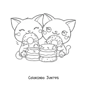 Desenho para colorir de casal de gatos kawaii comendo rosquinhas