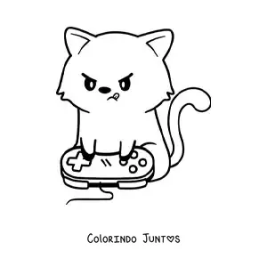 Desenho para colorir de gato kawaii animado jogando videogame