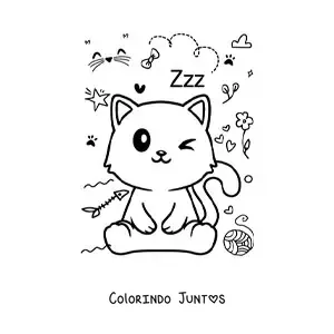 Desenho para colorir de gato kawaii animado sentado com um novelo de lã
