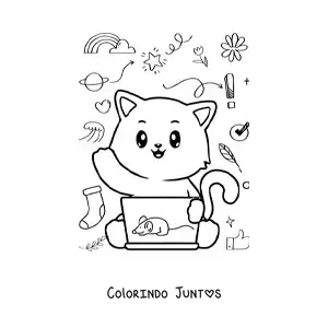 Desenho para colorir de gato kawaii animado usando o computador