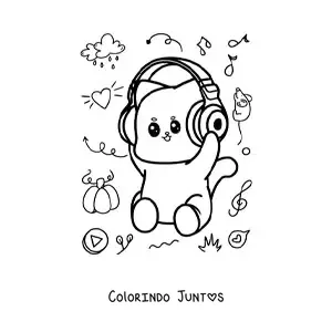 Desenho para colorir de gato kawaii animado ouvindo música com fones de ouvido