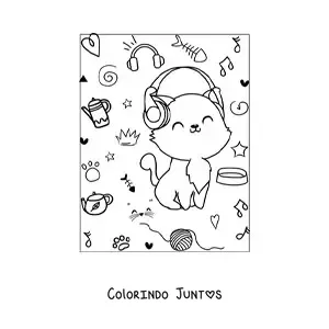 Desenho para colorir de gato kawaii animado sentado com fones de ouvido