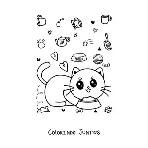 Desenho para colorir de gato kawaii animado comendo do seu prato