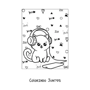 Desenho para colorir de gato kawaii animado ouvindo música no celular