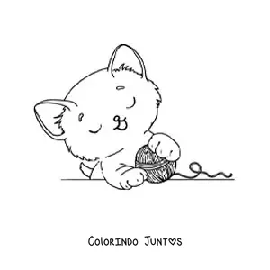 Desenho para colorir de gatinho kawaii brincando com lã