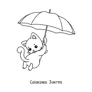 Desenho para colorir de gatinho kawaii flutuando com um guarda-chuva