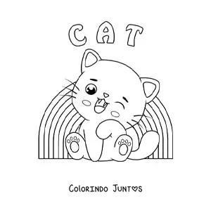 Desenho para colorir de gatinho kawaii com arco-íris