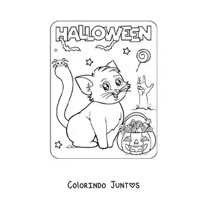 Desenho para colorir de gatinho kawaii no Halloween com abóbora