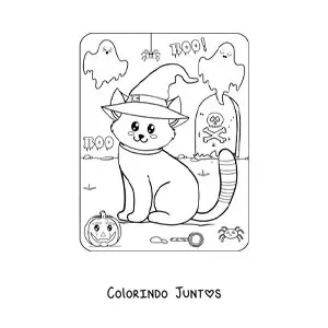 Desenho para colorir de gatinho kawaii no Halloween com chapéu de bruxa