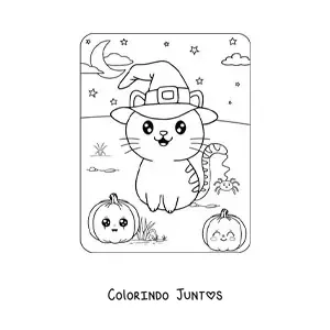 Desenho para colorir de gatinho kawaii no Halloween com chapéu de bruxa e abóboras
