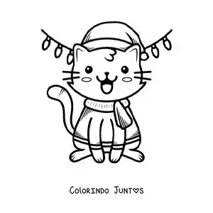 Desenho para colorir de gatinho kawaii no Natal com roupa quentinha