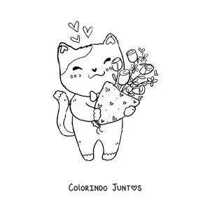 Desenho para colorir de gatinho kawaii no Dia dos Namorados com um buquê de flores