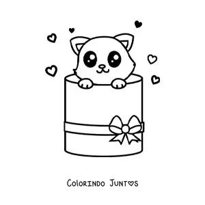 Desenho para colorir de gatinho kawaii saindo de uma caixa de presente