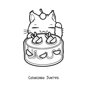 Desenho para colorir de gatinho kawaii animado com um bolo de frutas