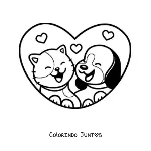 Desenho para colorir de casal kawaii de um cachorro e um gato com corações