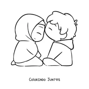 Desenho para colorir de casal kawaii com uma menina de hijab
