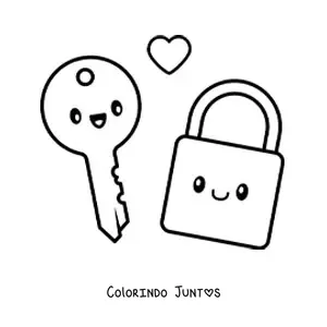 Desenho para colorir de casal de chave e cadeado kawaii