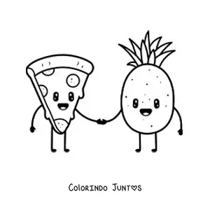 Desenho para colorir de casal de pizza e abacaxi kawaii