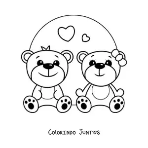 Desenho para colorir de casal de ursinhos kawaii com corações