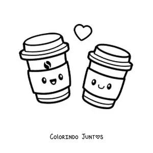 Desenho para colorir de casal de xícaras de café kawaii