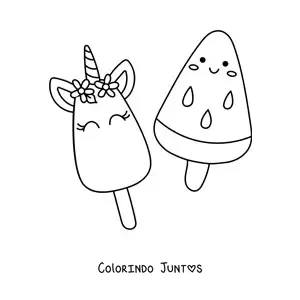 Desenho para colorir de picolé de unicórnio kawaii com picolé de melancia kawaii