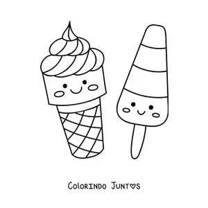 Desenho para colorir de casquinha kawaii e picolé kawaii