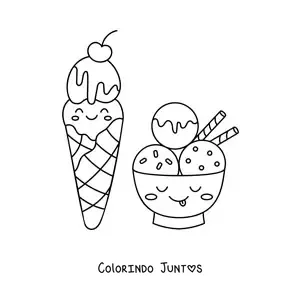 Desenho para colorir de sorvete de casquinha ao lado de uma taça de sorvete kawaii