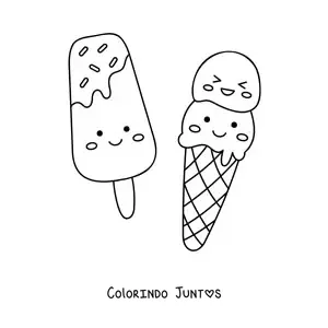 Desenho para colorir de picolé e casquinha kawaii de duas porções