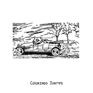 Desenho para colorir de um carro em alta velocidade com árvores ao fundo