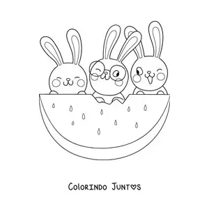 Desenho para colorir de 3 coelhos kawaii animados comendo melancia