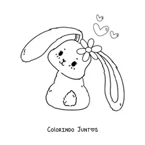 Desenho para colorir de coelhinho fofo kawaii com uma flor e corações