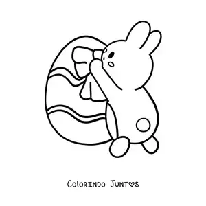 Desenho para colorir de coelhinho da Páscoa kawaii decorando um ovo