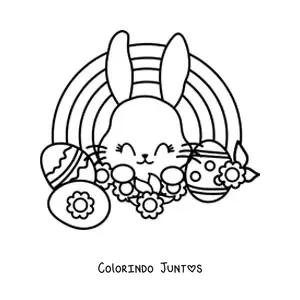 Desenho para colorir de coelhinho kawaii com ovos de Páscoa e um arco-íris