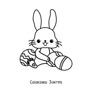 Desenho para colorir de coelhinho kawaii sentado com ovos de Páscoa
