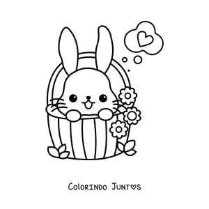 Desenho para colorir de coelhinho kawaii em uma cesta de flores